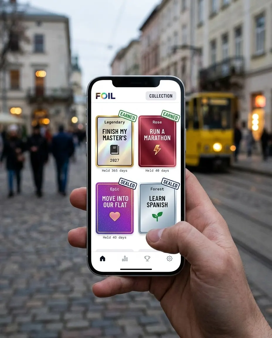A thumb holds a phone on a cobbled street with a yellow tram behind. The screen shows four cards of different rarities.